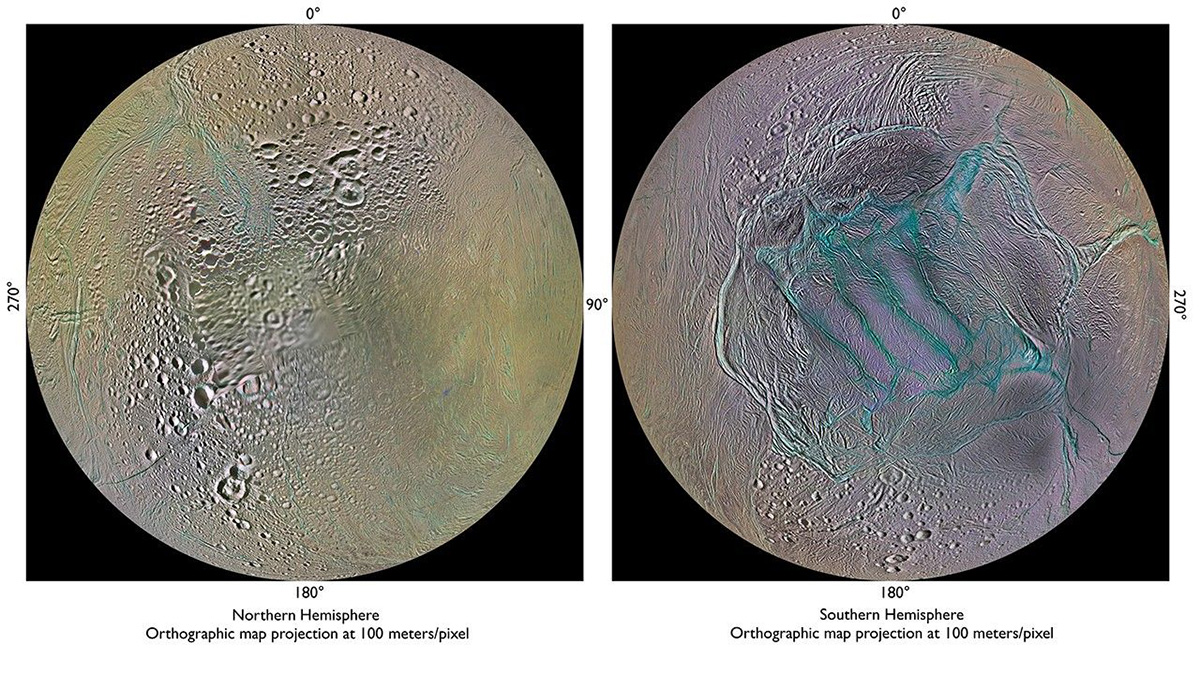 Side-by-side images show views of the northern and southern hemispheres of Enceladus, respectively, at 100 meters per pixel. The south pole has four bright blue lines connected with other stretches of blue at each end.