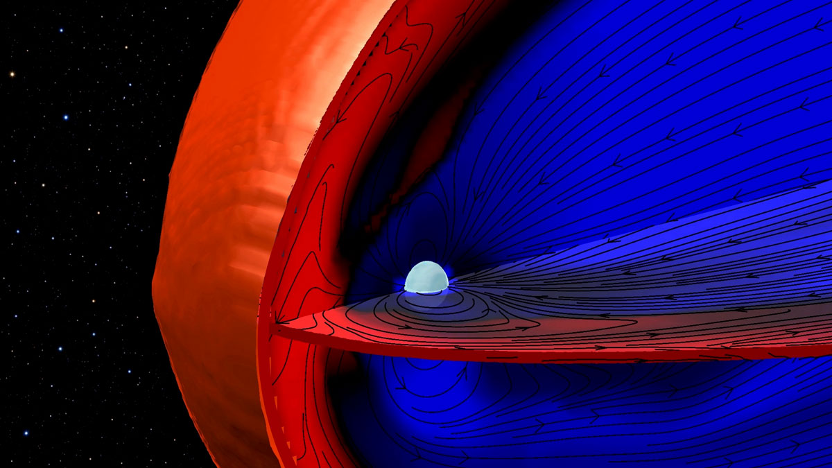 Uranus, a small blue circle in the center of the image, is surrounded by its magnetosphere, a vast magnetic field represented by red and blue lines that fill most of the image. On the left, the magnetosphere curves away to the right, representing the bow shock.