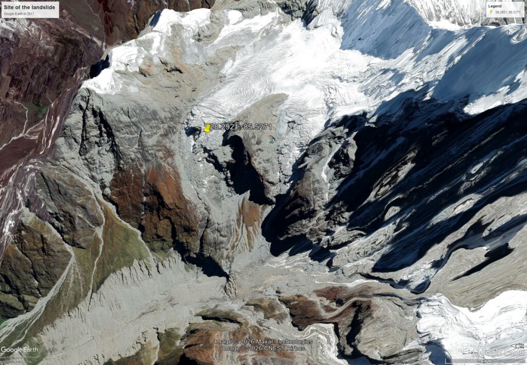 Google Earth image from 2017 showing the site of the 26 August 2026 landslide in Nepal.