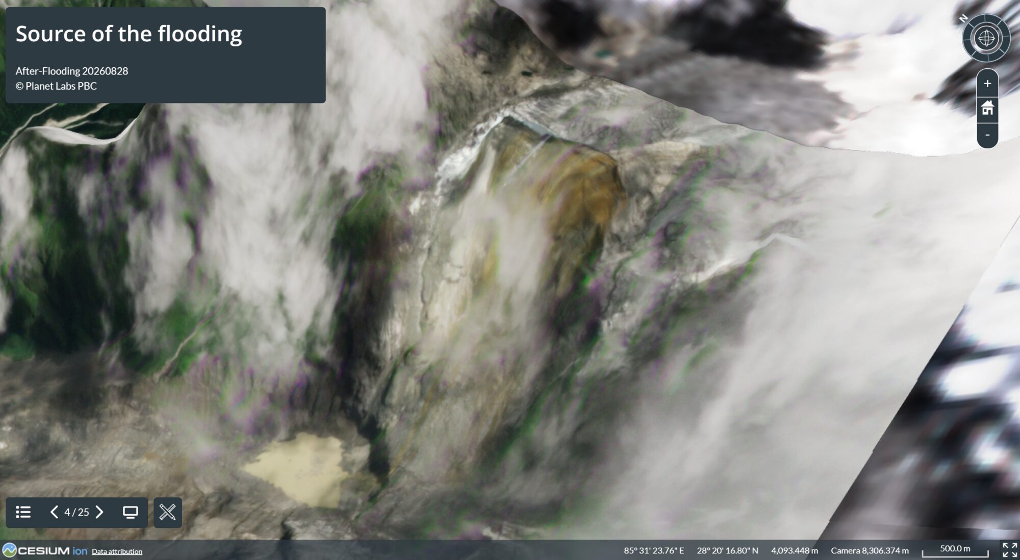 Planet Labs image from 28 August 2026 showing the aftermath of the 26 August 2026 landslide in Nepal. Image via Watanave Lab.