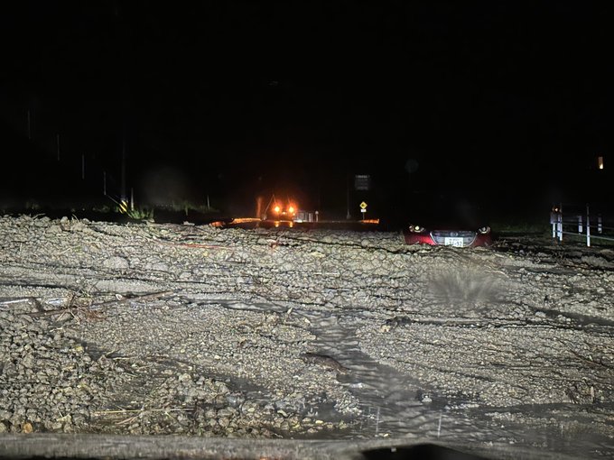 A debris flow on Highway 34 near Kyonan Hota IC in Chiba.
