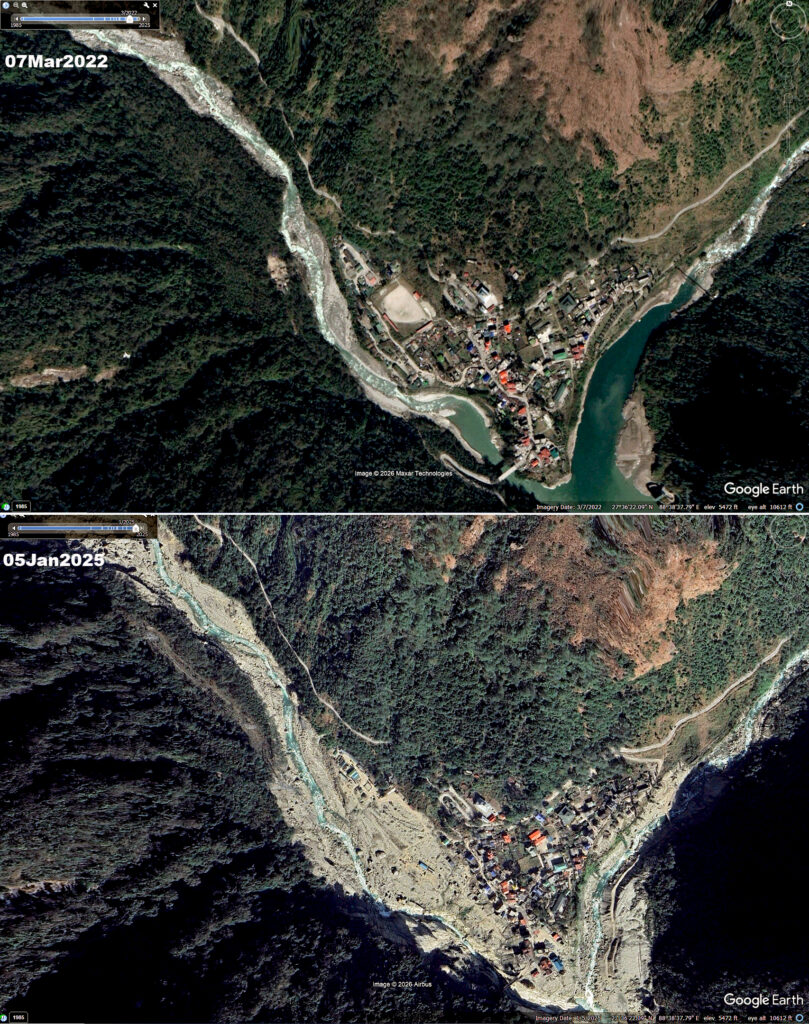 Before and after image of the 2023 Teesta Valley GLOF, posted to the Save The Hills blog by Praful Rao.