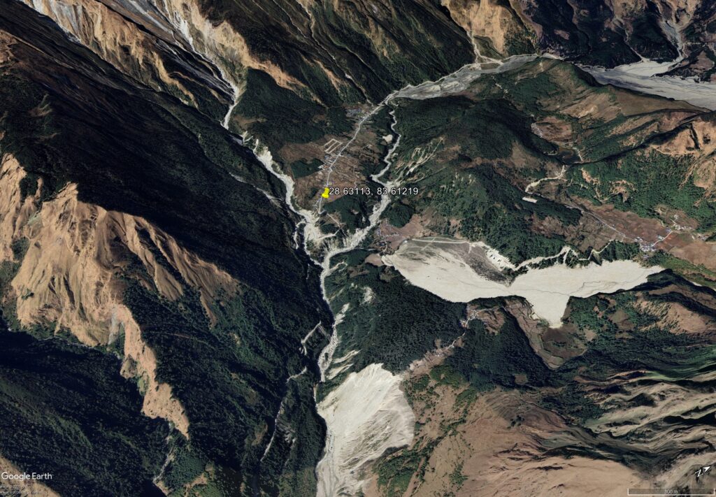Google Earth image of the site of the 27 September 2026 landslide on the Kaligandaki River in Nepal.