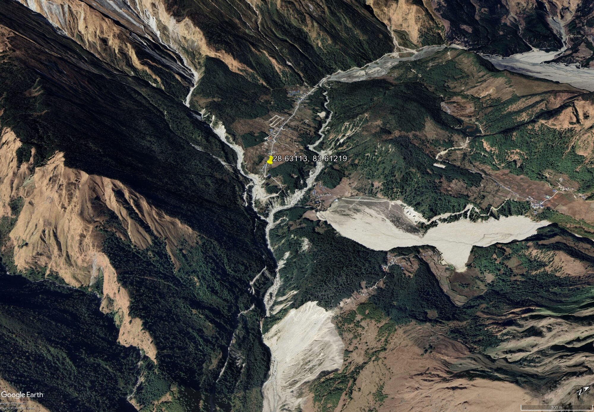 Google Earth image of the site of the 27 September 2026 landslide on the Kaligandaki River in Nepal.
