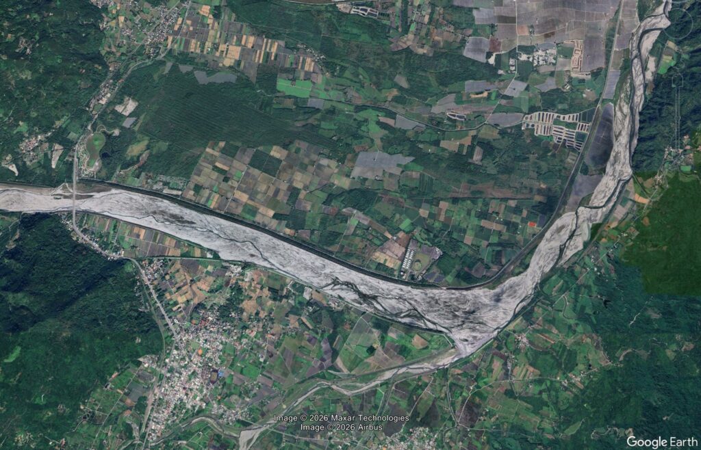 The flood plain below the landslide on the Matai'an River in Taiwan. 