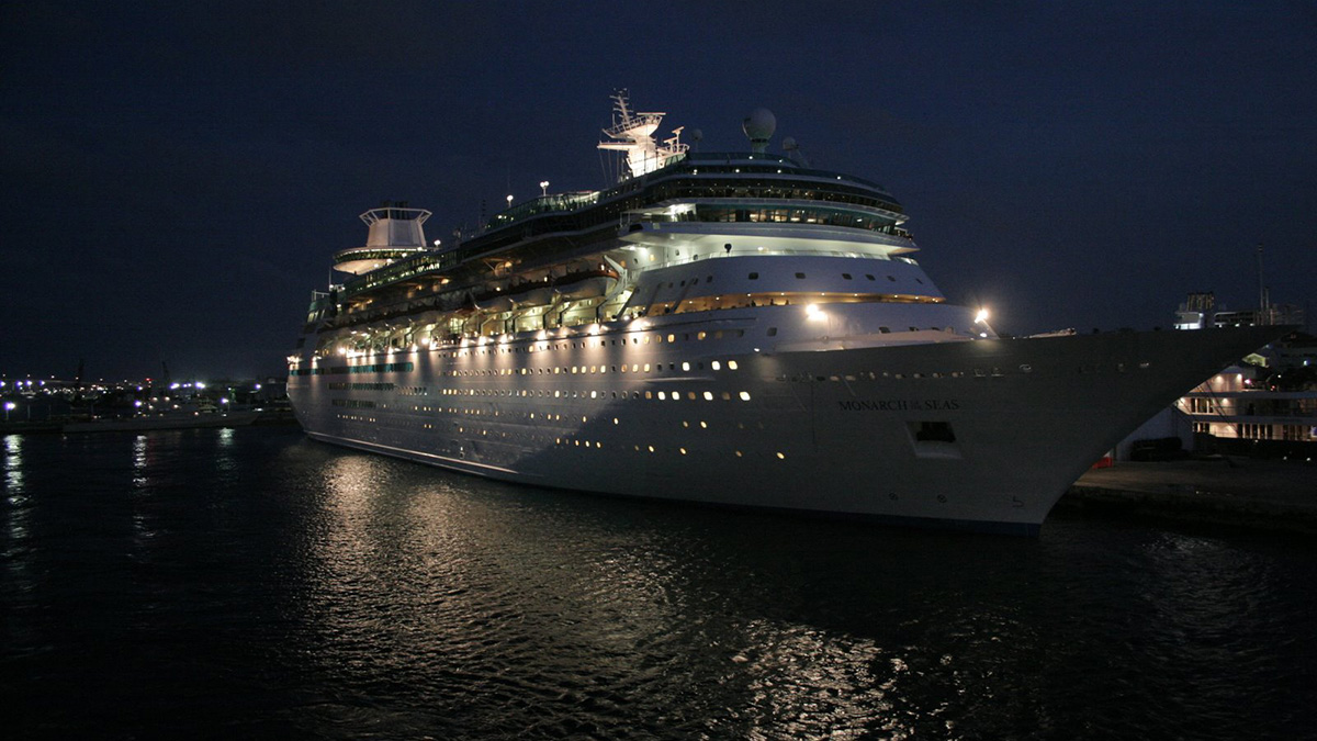 The front of a cruise ship is seen at night.