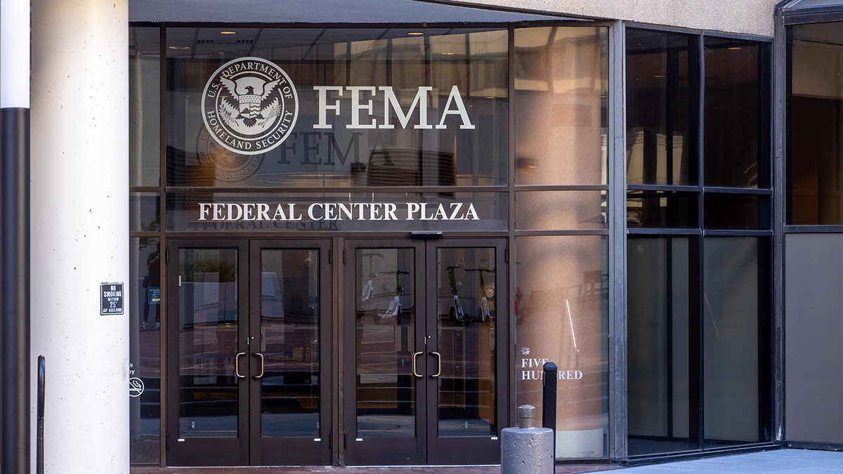 The front door of the FEMA building