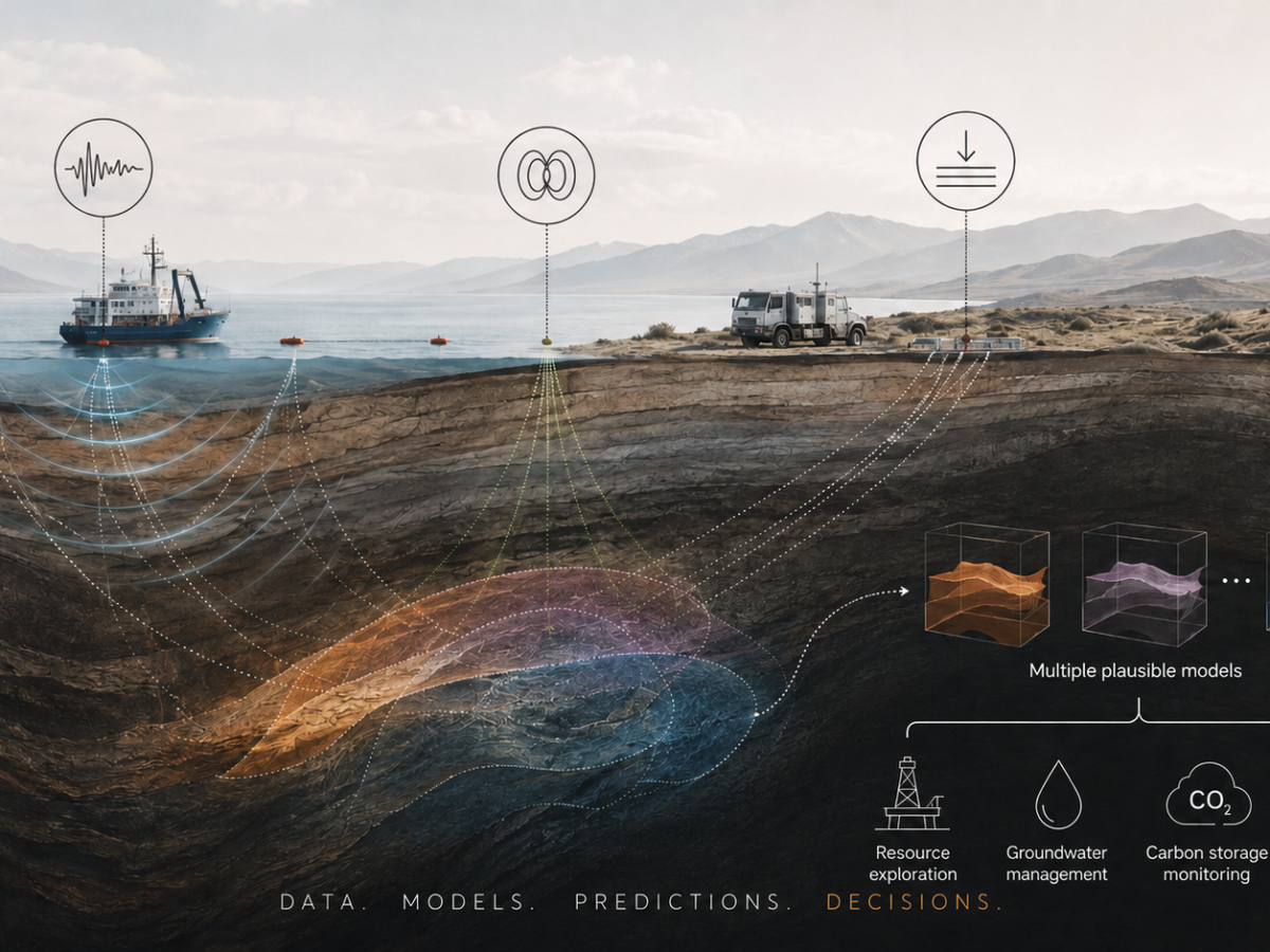 Depiction of geophysical measurements being taken on a cross section of Earth's crust.