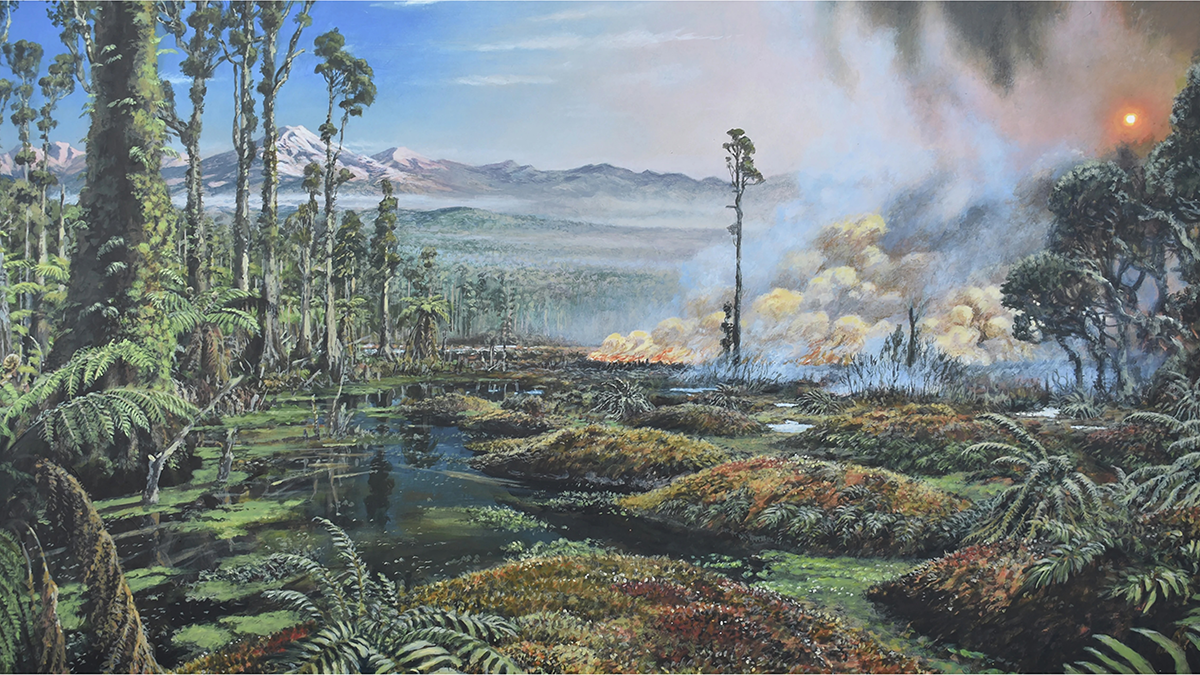 An artist’s rendition of an ancient Antarctic landscape shows ferns, tall skinny trees, and low-lying green plants. A fire burns in the midground.