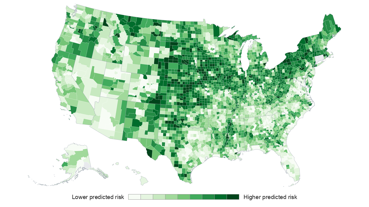 A map of the United States shows lead exposure risk by county, with white representing the lowest predicted risk and green representing the highest predicted risk.