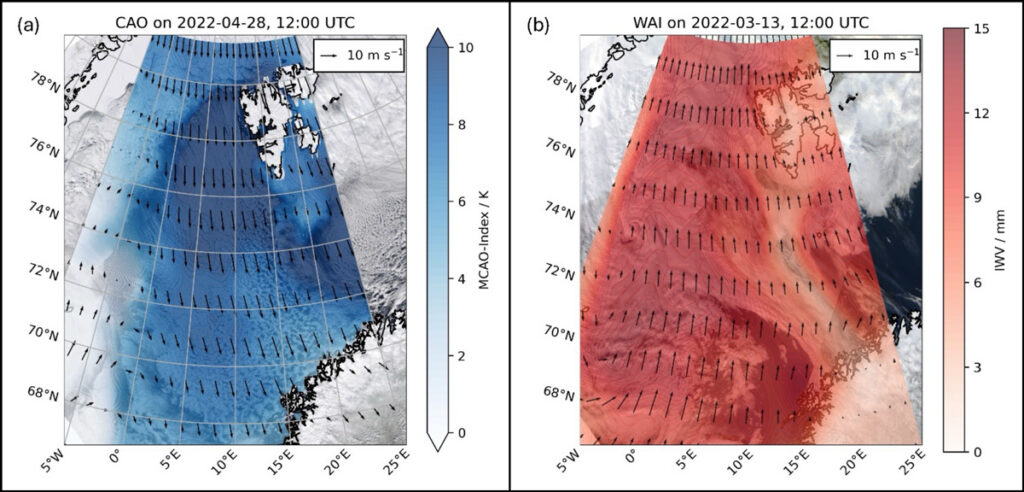 Two-panel figure with each panel showing a map view of the same region of the North Atlantic Ocean, bounded by Greenland, Svalbard Island, and mainland Norway. In the left panel, data representing the marine cold air outbreak index is overlain on the map in a white-to-blue color scale. In the right panel, data representing the integrated water vapor content in the atmosphere—a measure of the strength of warm air intrusions—is overlain in a white-to-red color scale.
