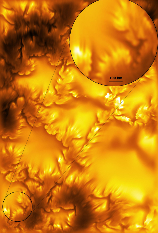 High resolution image of the Sun's surface with a small patch from the lower left corner zoomed in to show a swirling pattern in the plasma.