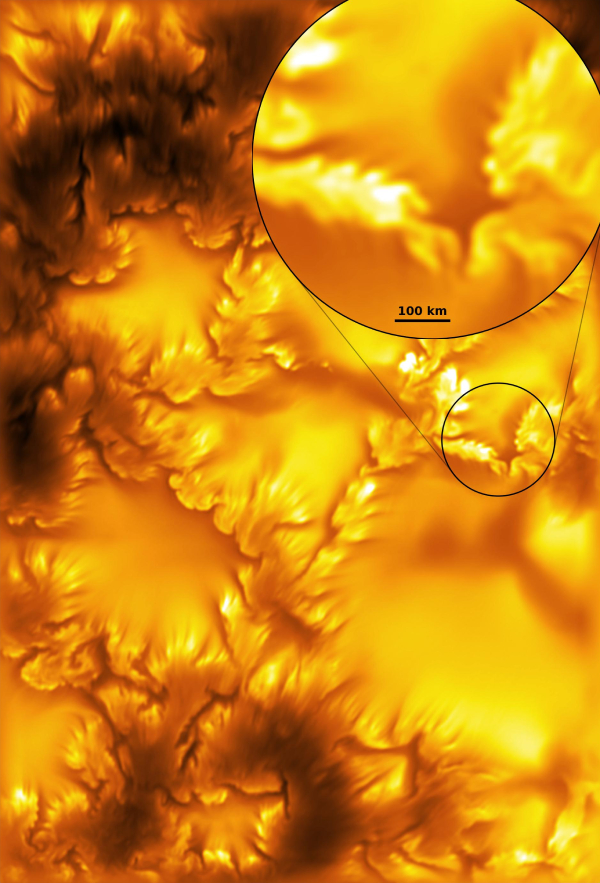 High resolution image of the Sun's surface with a small patch from the middle-right side zoomed in to show a swirling pattern in the plasma.