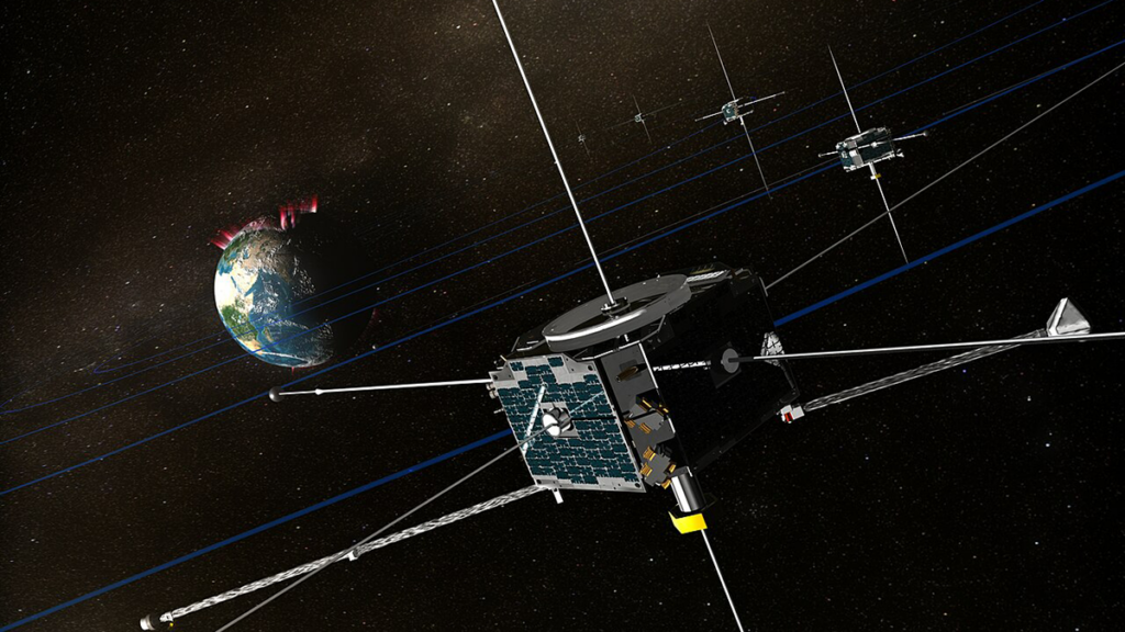 Five roughly rectangular-prism-shaped objects with antenna-like projections float against a dark, starry background, evenly spaced in an arc extending away from the viewer, so that the farther objects appear progressively smaller. Earth appears in the distance. Surrounding its North Pole are several red, flame-shaped objects that may represent the aurora borealis.