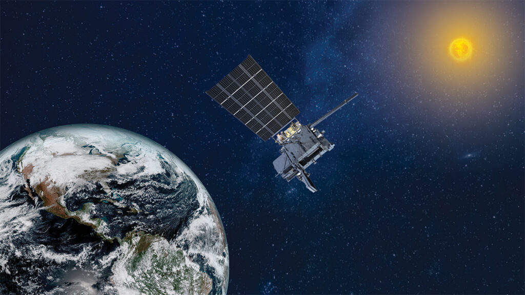 Artist’s rendering of a satellite flying around Earth with the Sun in the distance
