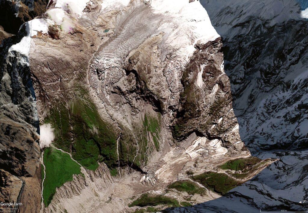 Satellite image draped onto the Google Earth DEM for the Langtung Lirung landslide. 