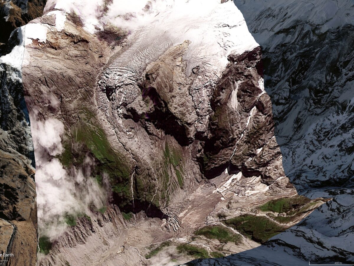 Satellite image draped onto the Google Earth DEM for the Langtung Lirung landslide. Image copyright Planet Labs, used with permission, collected on 25 August 2026.