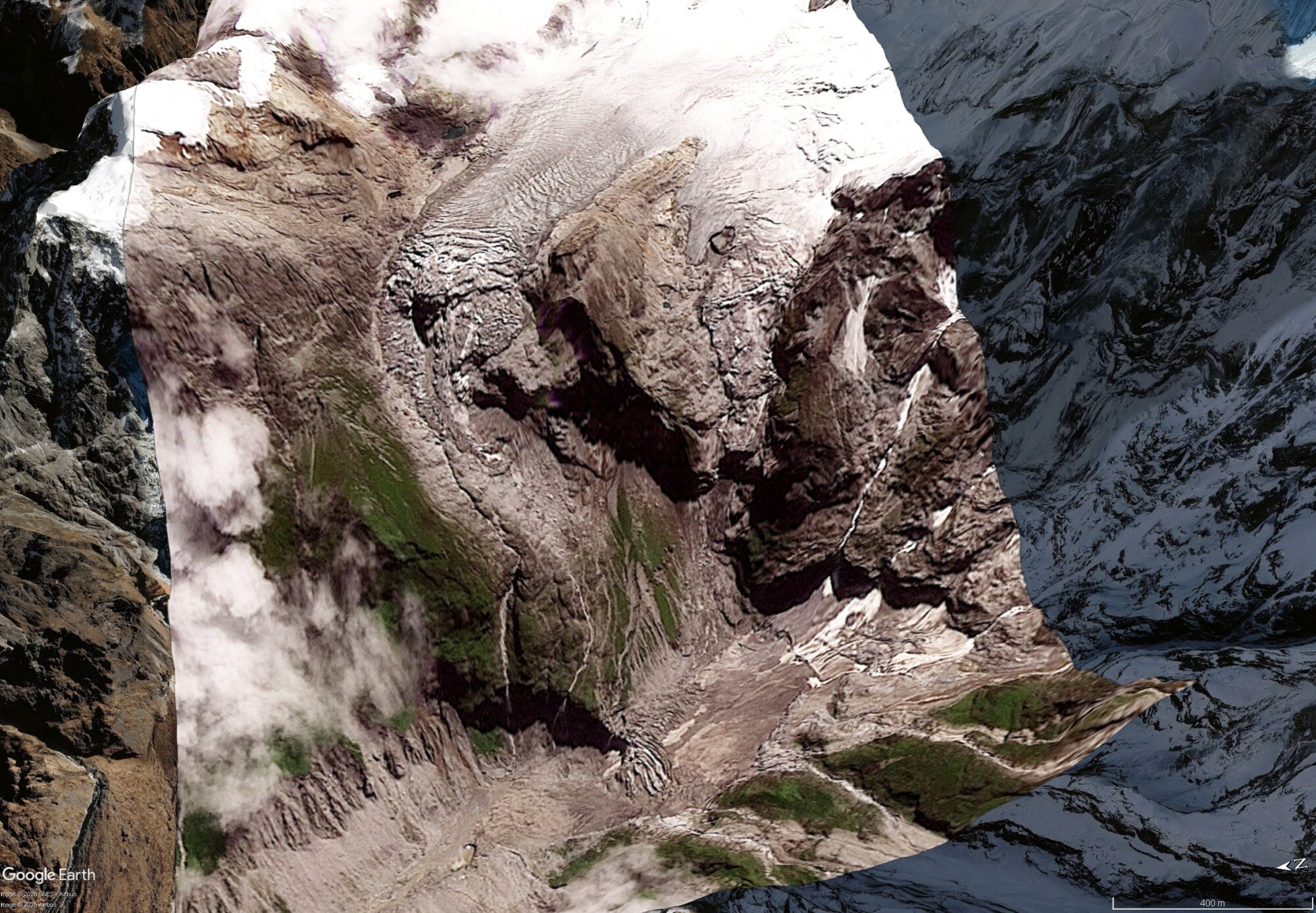Satellite image draped onto the Google Earth DEM for the Langtung Lirung landslide. Image copyright Planet Labs, used with permission, collected on 25 August 2026.