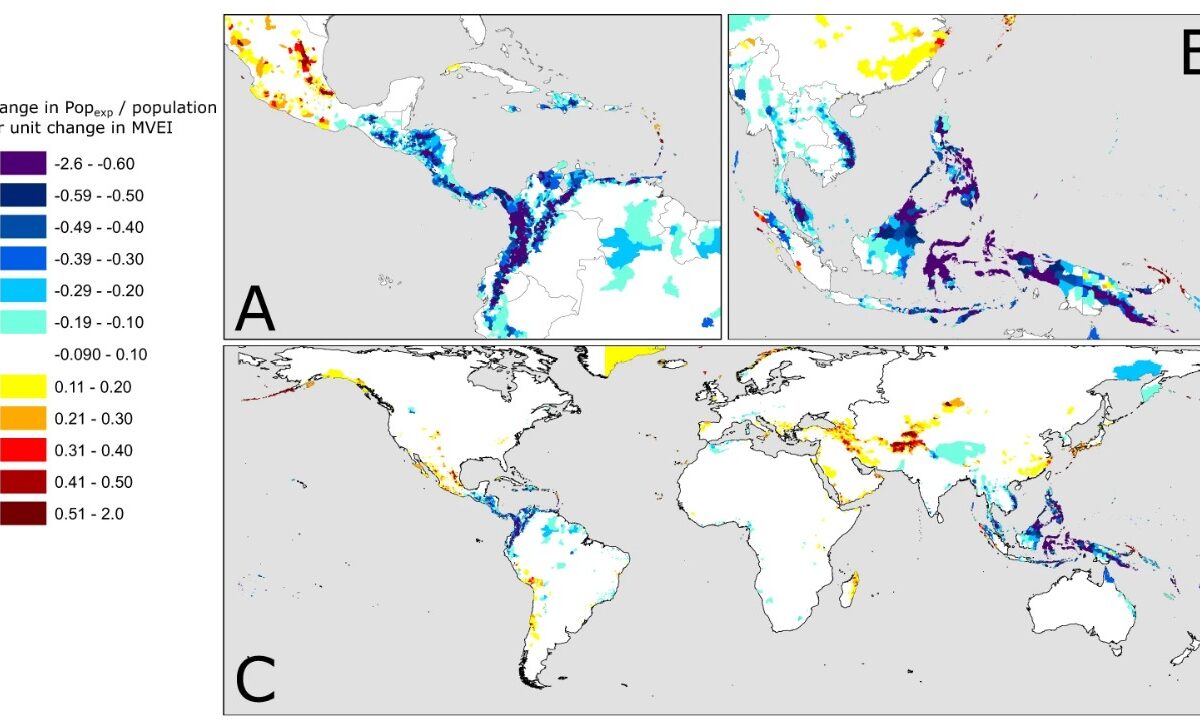 Global map of where El Nino Southern Oscillation (ENSO) most strongly impacts population exposure to landslide hazards.