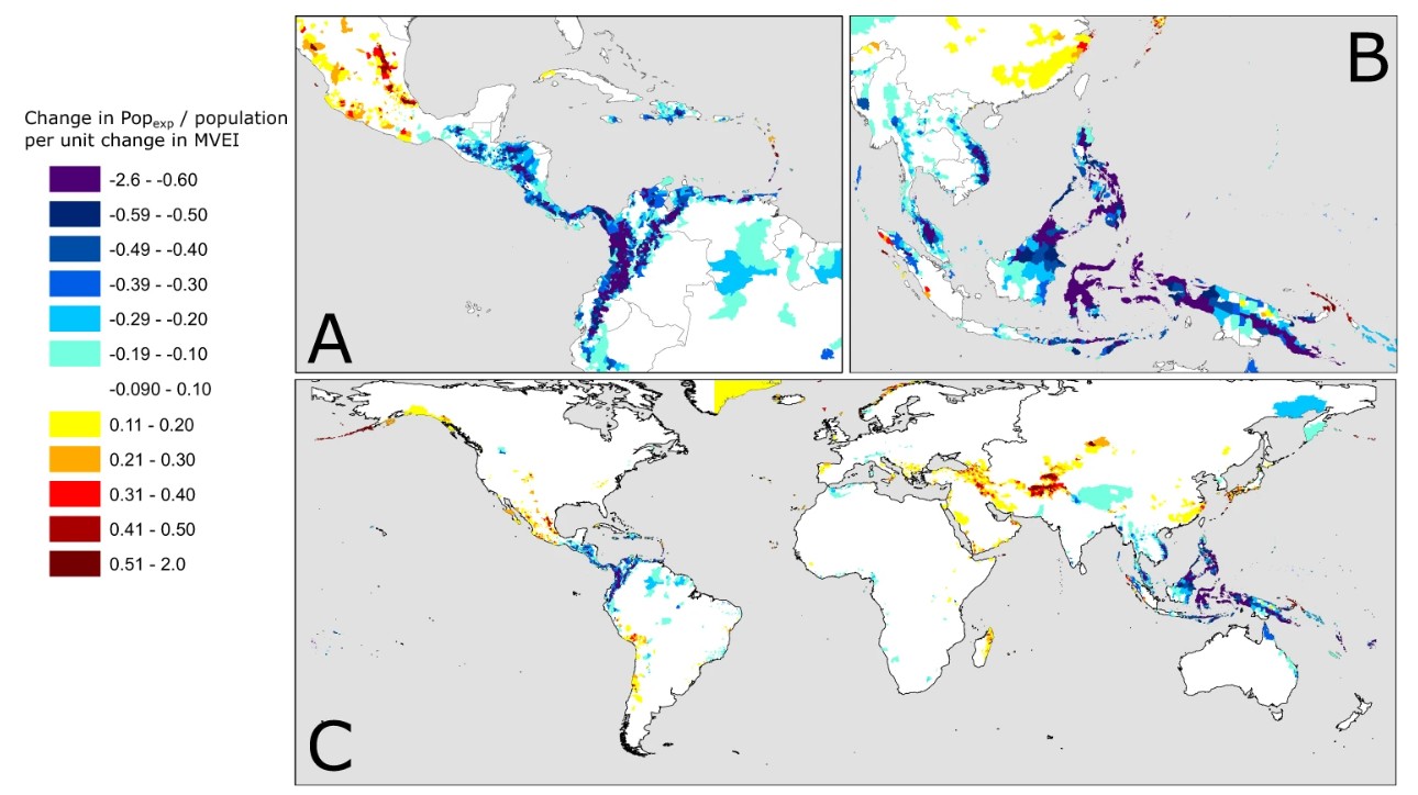 Global map of where El Nino Southern Oscillation (ENSO) most strongly impacts population exposure to landslide hazards.