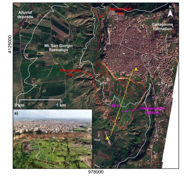Map showing major deformational features of the Niscemi landslides. Inset picture a depicts the western sector of the upper part of the southern Niscemi landslide (last access 06 August 2026; https://www.meteoweb.eu/2026/02/ciclone-harry-e-niscemi-la-consulta-degli-ingegneri-propone-una-task-force-tecnica-a-supporto-della-regione/1001896651/).
