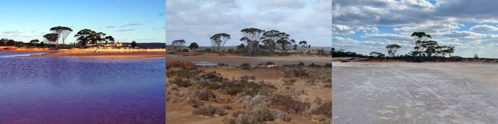 Three images show the same lakebed at different times: full of water on the left, mostly dryin the middle, and dry on the right.