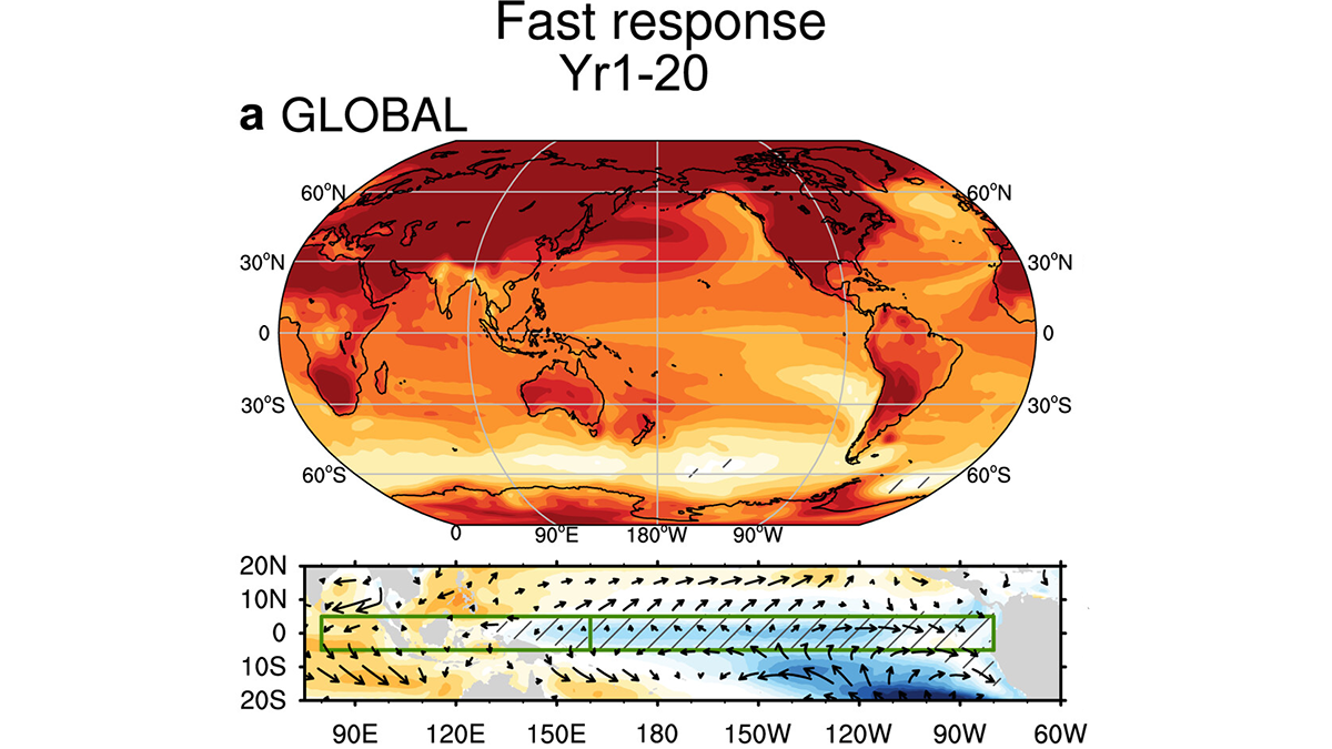 Global map of surface air temperature and diagram of wind stress.