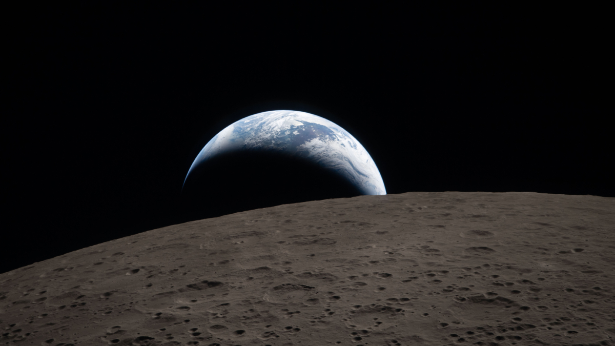 The far side of the moon with Earth setting on its horizon.