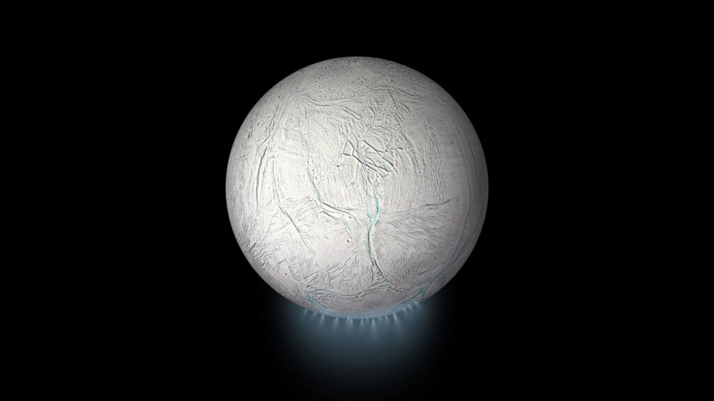 An illustration of a white, icy moon with deep valleys and plumes of water spraying into space from its southern hemisphere.