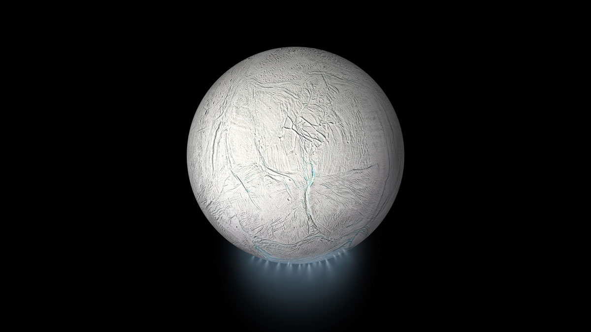 An illustration of a white, icy moon with deep valleys and plumes of water spraying into space from its southern hemisphere.