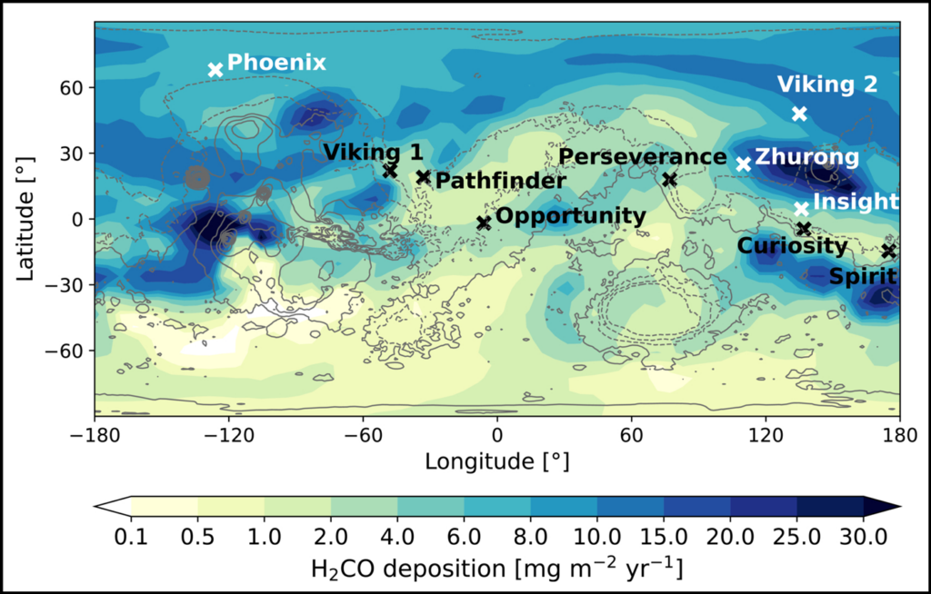 A flattened global map of Mars shows elevation contours. The map is colored with a green-to-blue gradient indicating concentrations of formaldehyde deposited onto the surface. The locations of 10 past Mars missions are marked with X’s.