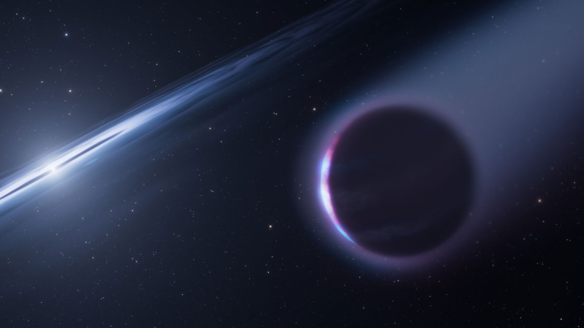 A dark planet with a long comet-like tail orbits beyond a bright disk of matter around a brighter white starlike object