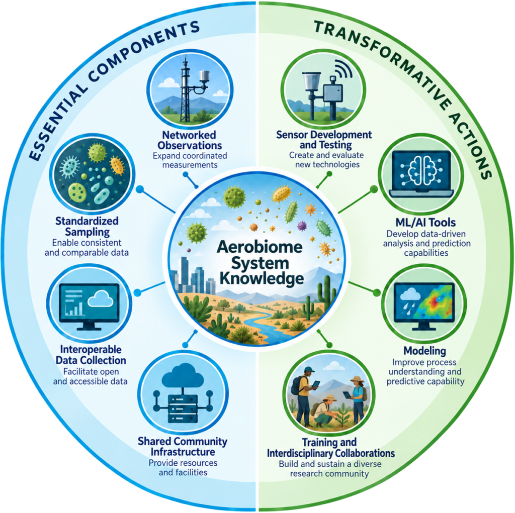 Large, circular infographic illustrating and describing four “Essential Components” (“Networked Observations,” “Standardized Sampling,” “Interoperable Data Collection,” and “Shared Community Infrastructure”) and four “Transformative Actions” (“Sensor Development and Testing,” “ML/AI Tools,” “Modeling,” and “Training and Interdisciplinary Collaborations”) surrounding a central circle that reads “Aerobiome System Knowledge.”