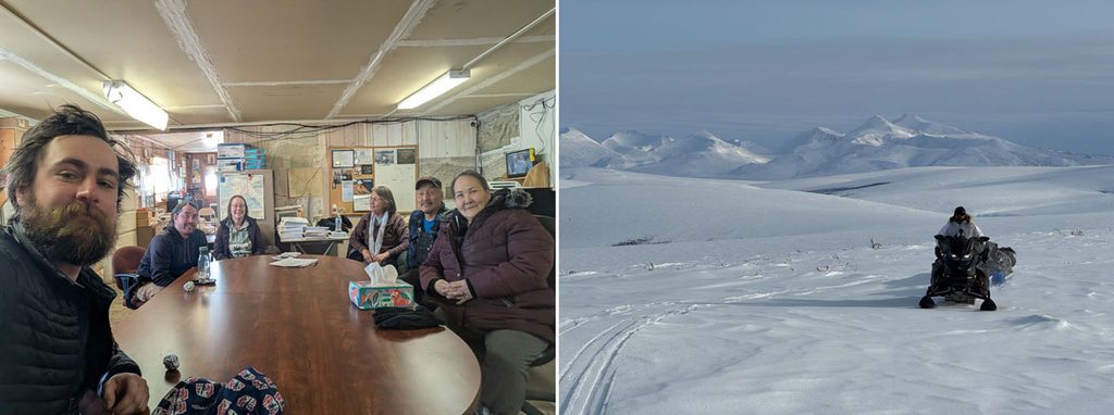Left: A selfie photo of six people sitting around a large table in a meeting room with a low ceiling and a lot of maps hanging on the walls. Right: A researcher wearing a heavy white winter coat drives a snowmobile over the snow toward the camera. Snow-covered hills rise in background.