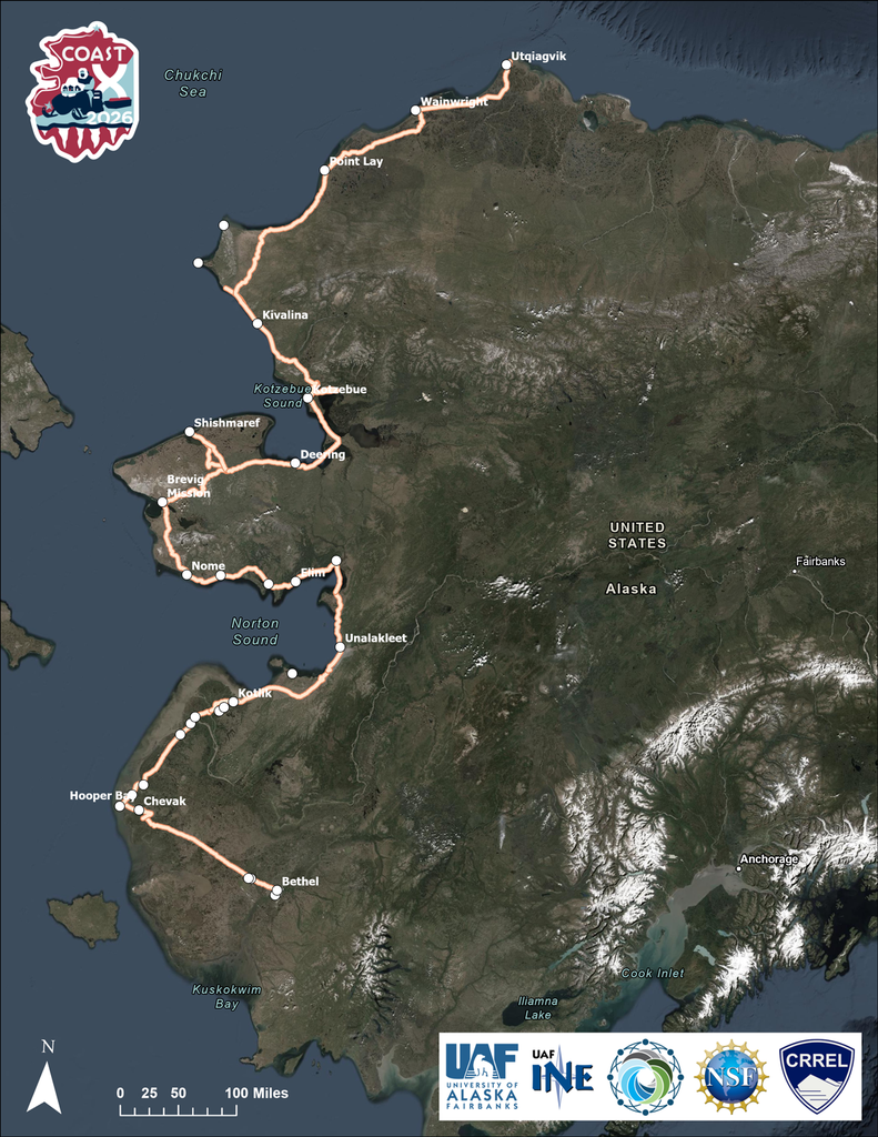 A physical map of western Alaska, with the route of a 3,200-kilometer snowmobile traverse along the coast indicated by a pale pink line and various stops and towns indicated by white dots and labels.