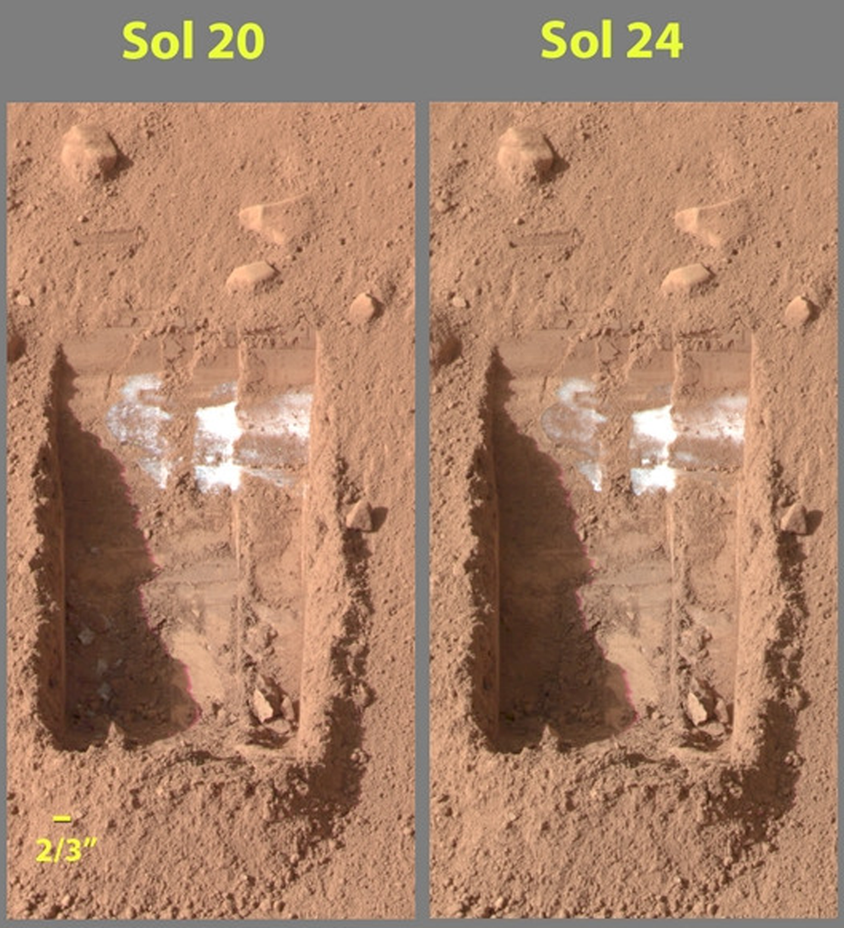 Side-by-side images of the same patch of soil on Mars four Mars days apart. The images shows a patch of ice that existed a few inches below the surface and was dug up. The later image shows the same area but with less ice remaining after it sublimated.