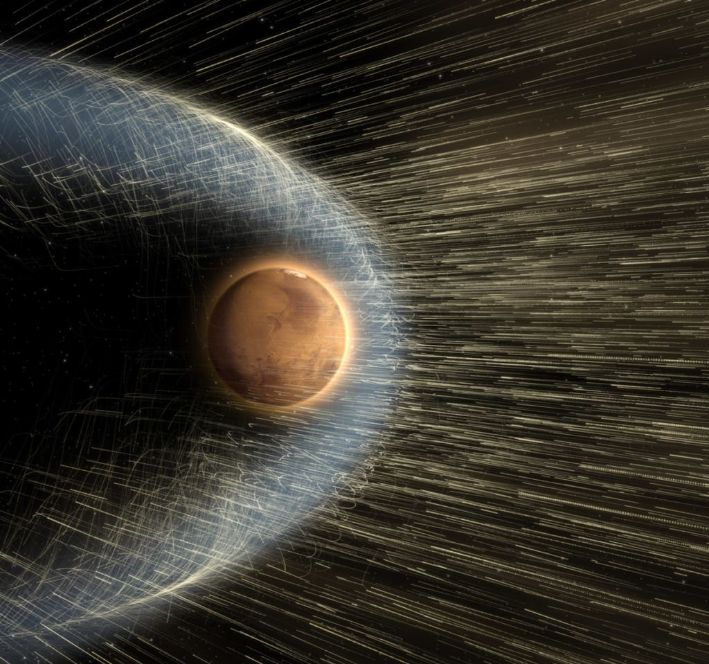 Mars is a reddish orange ball being bombarded by tiny bright streaks, which represent the solar wind. A blue oval around Mars shows its atmosphere being blasted into space.