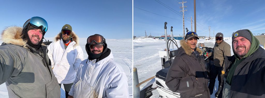 Left: Three people wearing heavy winter clothing and goggles pose for a selfie while standing in the snow on a sunny day. Right: Three people wearing heavy winter clothing pose for a selfie in front of a community gas pump.