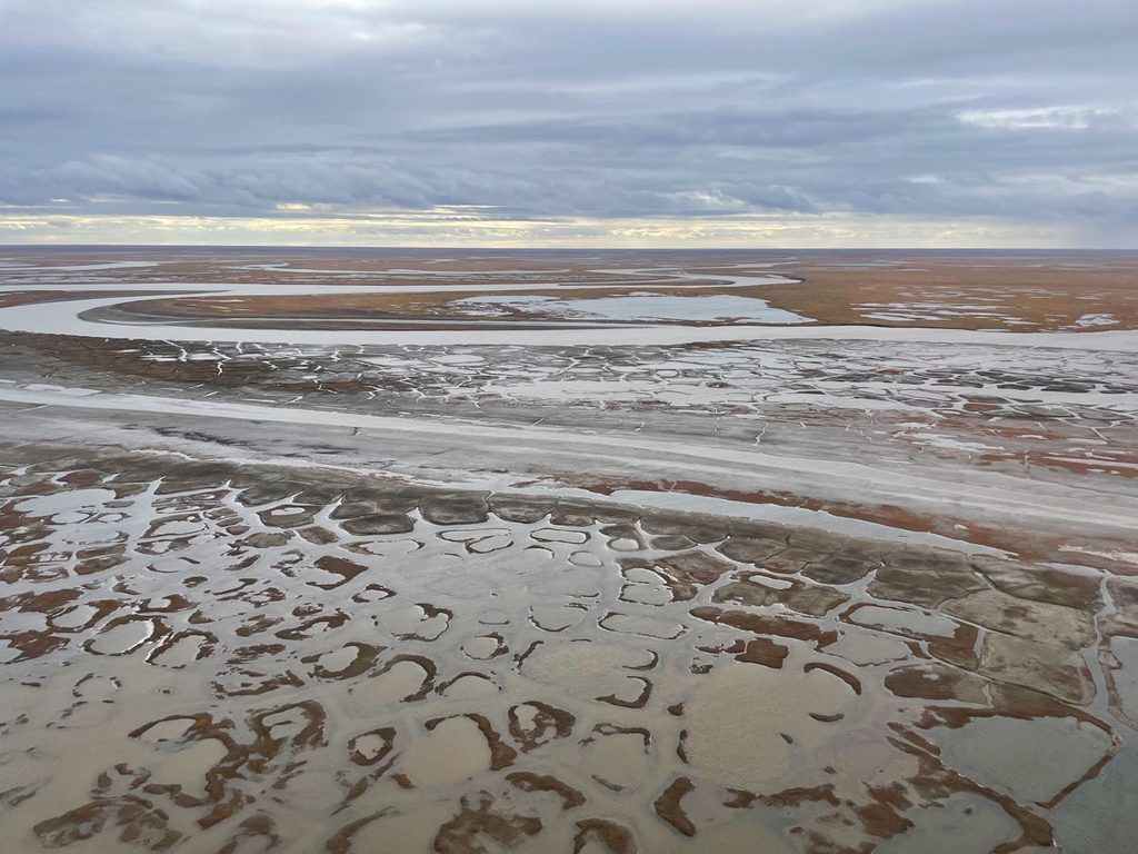 Aerial view of a broad expanse of waterlogged tundra terrain with a patchy appearance.